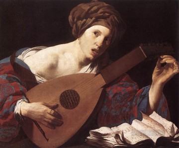  Dutch Oil Painting - Woman Playing The Lute Dutch painter Hendrick ter Brugghen